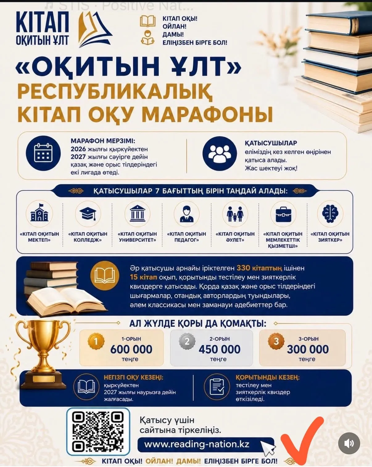 «Кітап оқитын Ұлт»: Кітап оқып, ақшалай сыйлыққа ие бол