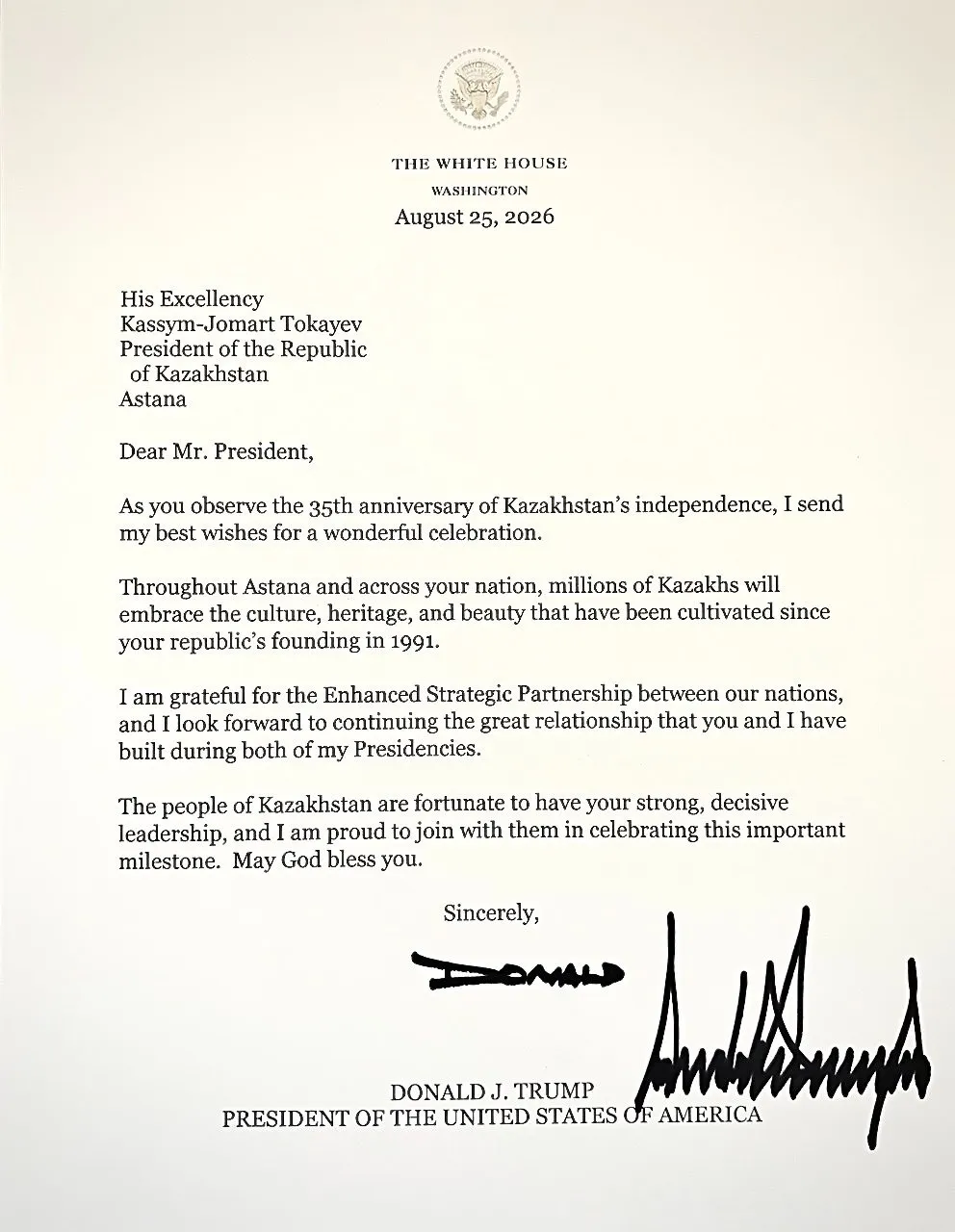 АҚШ Президенті Дональд Трамптың Қазақстан Тәуелсіздігінің 35 жылдығы қарсаңындағы құттықтауы